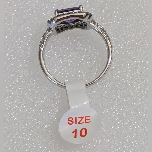NWT Bomb Party LC Amethyst Emerald Sapphire Silver Plated Halo Style Sz 10 Ring - Picture 3 of 4